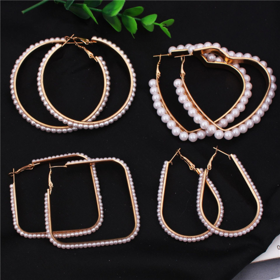 Picture of Hoop Earrings Gold Plated White Imitation Pearl Heart 1 Pair