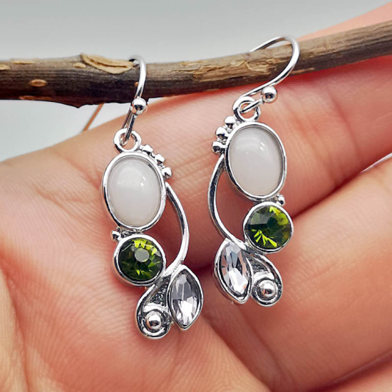 Picture of Birthstone Vintage Retro Earrings Platinum Color White & Green Leaf August Imitation Peridot Clear Rhinestone 33mm x 10mm, 1 Pair