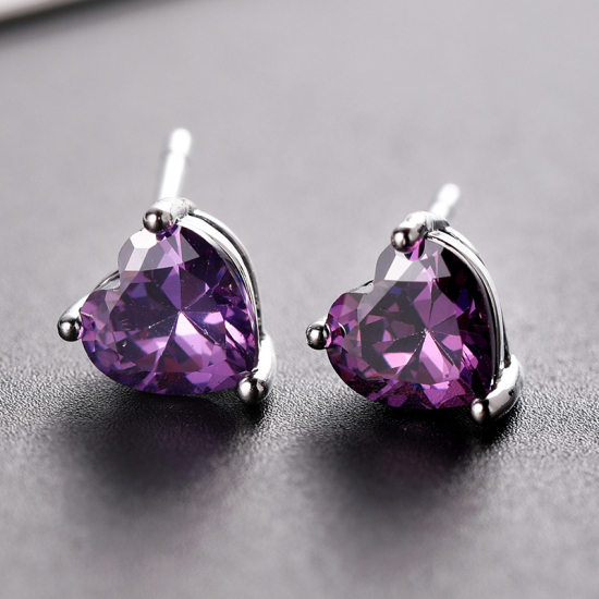 Image de Boucles d'Oreilles Puces en Laiton Pierres de Naissance Argent Mat Cœur février à Zircone Cubique Pourpre 17mm x 7mm , 1 Paire                                                                                                                                