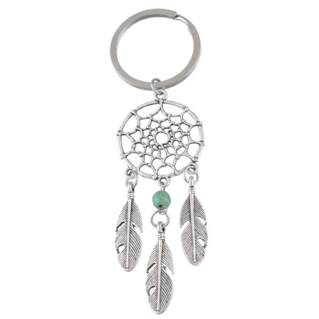 Imagen de Aleación del Cinc Retro Llaveros Capta Sueño Vintage Plata Antigua y Verde y Pluma Patrón Tallado 10.5cm x 3cm, 1 Unidad