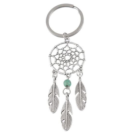 Picture of New Fashion Vintage Key Chains Key Rings Dreamcatcher Antique Silver Color Feather Pendants Green Bead 10.5cm x 3cm, 1 Piece