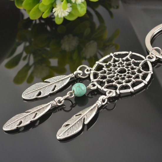 Picture of New Fashion Vintage Key Chains Key Rings Dreamcatcher Antique Silver Color Feather Pendants Green Bead 10.5cm x 3cm, 1 Piece