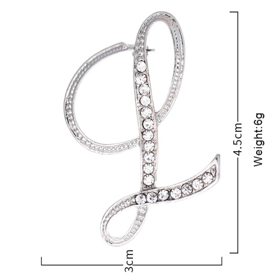 Picture of Pin Brooches Capital Alphabet/ Letter Message " B " Silver Plated Clear Rhinestone 1 Piece