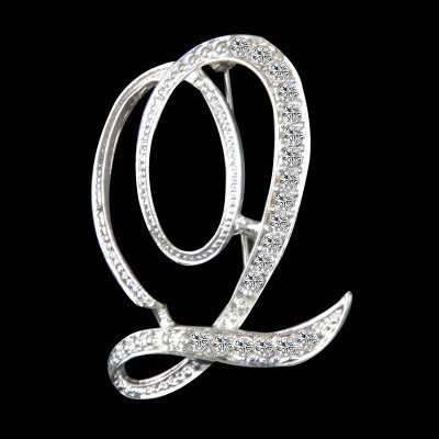 Picture of Pin Brooches Capital Alphabet/ Letter Message " Q " Silver Plated Clear Rhinestone 1 Piece