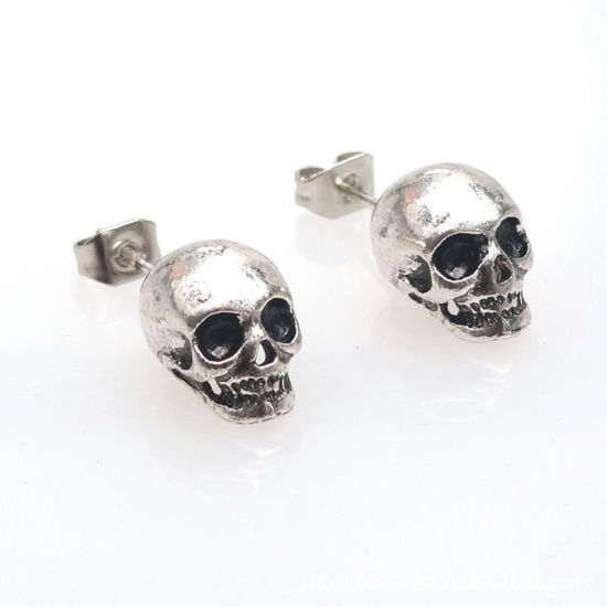 Picture of Halloween Ear Post Stud Earrings Antique Silver Color Skull 1 Pair