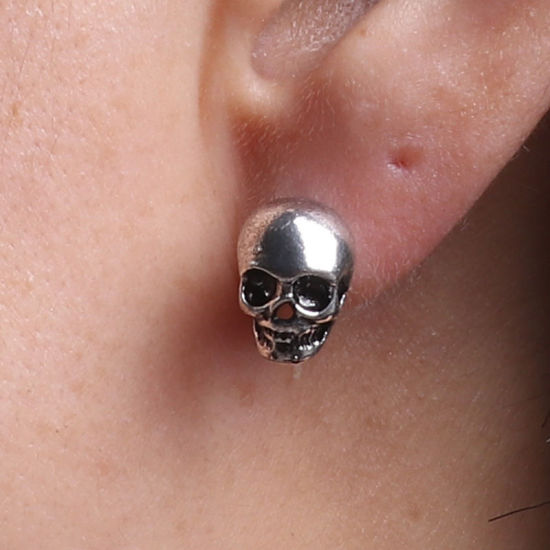 Picture of Halloween Ear Post Stud Earrings Antique Silver Color Skull 1 Pair