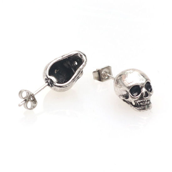 Picture of Halloween Ear Post Stud Earrings Antique Silver Color Skull 1 Pair