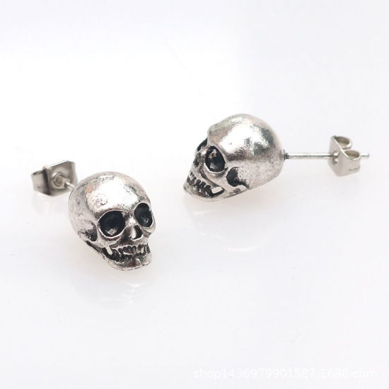 Picture of Halloween Ear Post Stud Earrings Antique Silver Color Skull 1 Pair