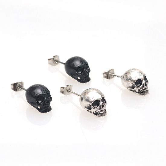 Picture of Halloween Ear Post Stud Earrings Antique Silver Color Skull 1 Pair