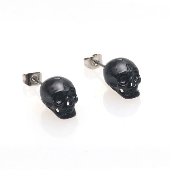 Picture of Halloween Ear Post Stud Earrings Black Skull 1 Pair
