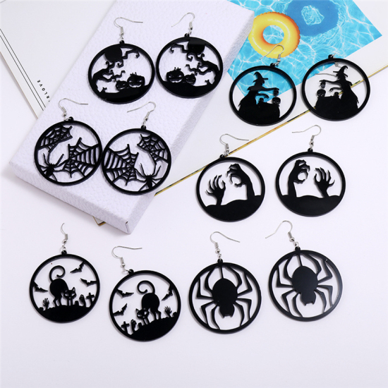 Picture of Earrings Black Round Halloween Cobweb 1 Pair