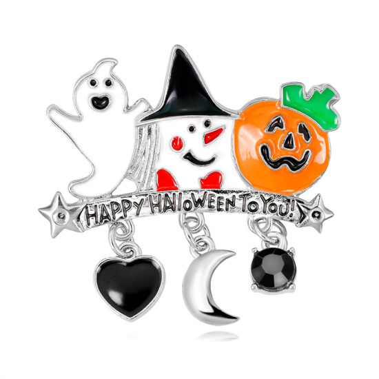 ブローチ カボチャ ハロウィン幽霊 多色 ブラックラインストーン 1 個 の画像