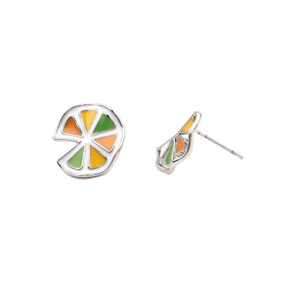 Bild von Ear Post Stud Earrings Silver Tone Multicolor Orange Enamel 16mm x 16mm 16mm x 9mm, Post/ Wire Size: (21 gauge), 1 Pair