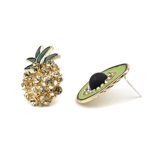 Picture of 1 Pair Exquisite 16K Gold Color Green Avocado Fruit Pineapple Enamel Asymmetric Earrings 28x18mm 25x18mm, Post/ Wire Size: (21 gauge)