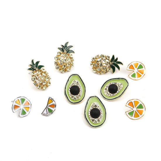 Picture of 1 Pair Exquisite 16K Gold Color Green Avocado Fruit Pineapple Enamel Asymmetric Earrings 28x18mm 25x18mm, Post/ Wire Size: (21 gauge)