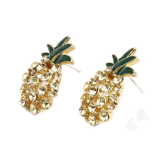 Picture of 1 Pair Exquisite 16K Gold Color Green Pineapple/ Ananas Fruit Enamel Ear Post Stud Earrings 29mm x 18mm, Post/ Wire Size: (21 gauge)