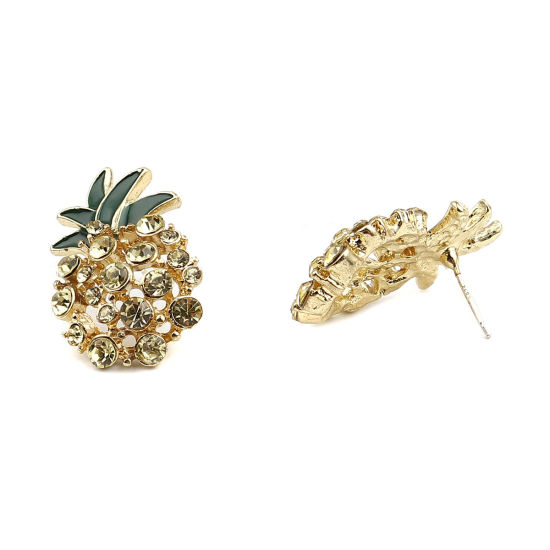 Bild von 1 Paar Exquisit 16K Goldfarbe Grün Ananas Emaille Ohrring Ohrstecker 29mm x 18mm, Pfosten-/Drahtstärke: (21 gauge)