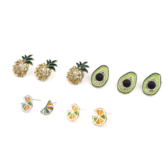 Picture of 1 Pair Exquisite 16K Gold Color Green Pineapple/ Ananas Fruit Enamel Ear Post Stud Earrings 29mm x 18mm, Post/ Wire Size: (21 gauge)