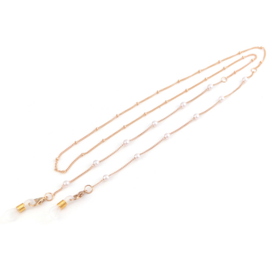 Изображение Face Mask And Glasses Neck Strap Lariat Lanyard Necklace Gold Plated Round White Acrylic Imitation Pearl 70cm(27 4/8")  long, 1 Piece