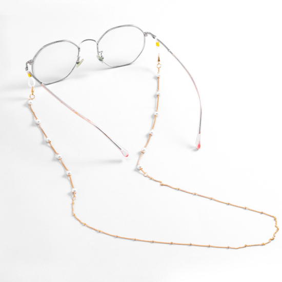 Picture of Face Mask And Glasses Neck Strap Lariat Lanyard Necklace Gold Plated Round White Acrylic Imitation Pearl 70cm(27 4/8")  long, 1 Piece