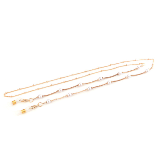 Bild von Face Mask And Glasses Neck Strap Lariat Lanyard Necklace Gold Plated Round White Acrylic Imitation Pearl 70cm(27 4/8")  long, 1 Piece