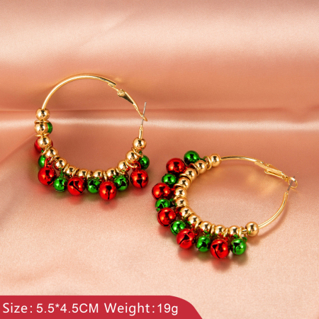 Hoop Earrings Gold Plated Red & Green Christmas Jingle Bell 1 Pair
