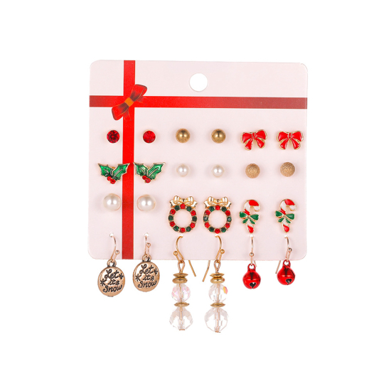 Bild von Earrings Mixed Color Christmas Wreath Bell Red & Green Rhinestone Imitation Pearl 34mm long - 4mm long, 1 Set ( 12 Pairs/Set)