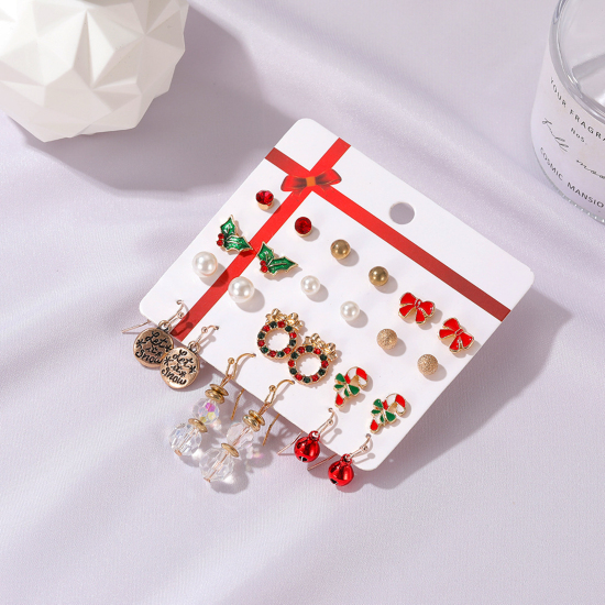 Image de Earrings Mixed Color Christmas Wreath Bell Red & Green Rhinestone Imitation Pearl 34mm long - 4mm long, 1 Set ( 12 Pairs/Set)