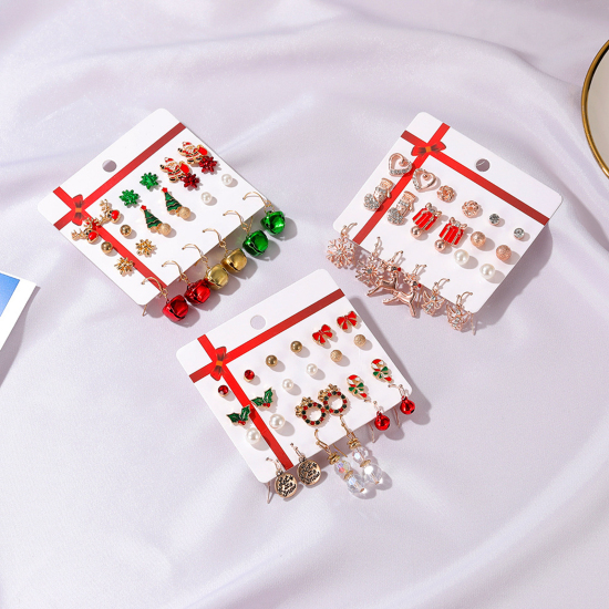 Bild von Earrings Mixed Color Christmas Wreath Bell Red & Green Rhinestone Imitation Pearl 34mm long - 4mm long, 1 Set ( 12 Pairs/Set)