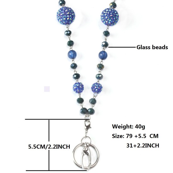 Изображение Lanyard Sweater Necklace Long Blue Round 79cm(31 1/8") 5.5cm(2 1/8") long, 1 Set