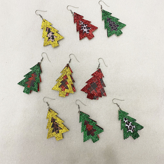 Imagen de PU Pendientes Verde Árbol de Navidad Leopardo Brillo 75mm x 37mm, 1 Par