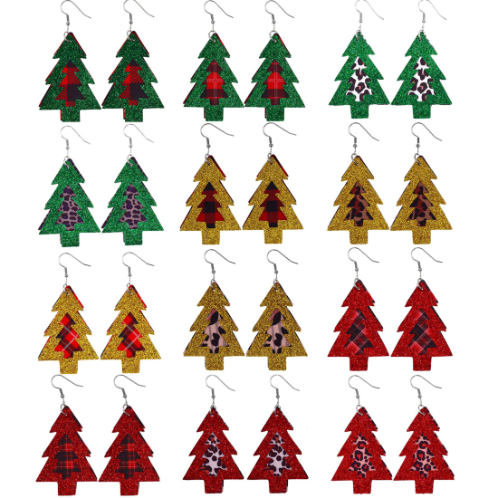 Imagen de PU Pendientes Verde Árbol de Navidad Leopardo Brillo 75mm x 37mm, 1 Par