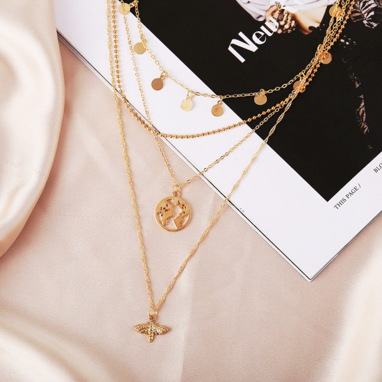 Picture of Insect Multilayer Layered Necklace Gold Plated Map Bee 39cm(15 3/8") long, 1 Piece
