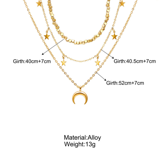 Picture of Galaxy Multilayer Layered Necklace Gold Plated Half Moon Pentagram Star 36cm(14 1/8") long, 1 Piece