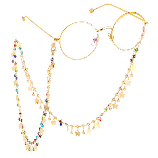 Picture of Insect Face Mask And Glasses Neck Strap Lariat Lanyard Necklace Gold Plated Butterfly Animal Anti Slip Multicolor Rhinestone 70cm(27 4/8") long, 1 Piece