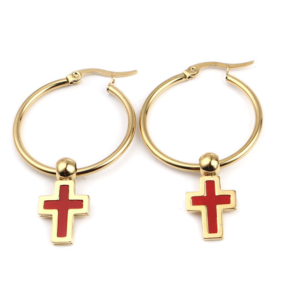 Image de Boucles d'Oreilles Créole Anneaux en Acrylique & Acier Inoxydable Religieux Doré Rouge Annulaire Croix 45mm x 29mm , Epaisseur de Fil: (17 gauge), 1 Paire