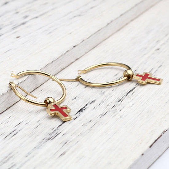 Image de Boucles d'Oreilles Créole Anneaux en Acrylique & Acier Inoxydable Religieux Doré Rouge Annulaire Croix 45mm x 29mm , Epaisseur de Fil: (17 gauge), 1 Paire