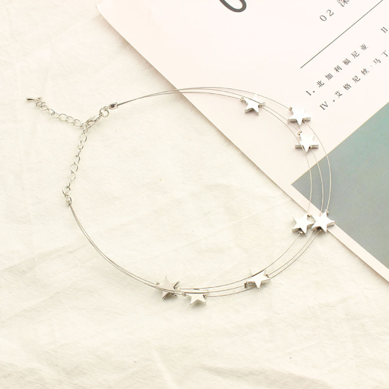 Picture of Choker Necklace Silver Tone Pentagram Star Multilayer 30cm(11 6/8") long, 1 Piece