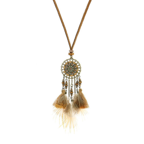 Imagen de Bohemia Collares Tono Bronce Amarillo Marrón Capta Sueño Pluma Ante 84cm longitud, 1 Unidad
