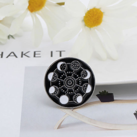 Picture of Galaxy Pin Brooches Moon Phases Black & White Enamel 22mm Dia., 1 Piece