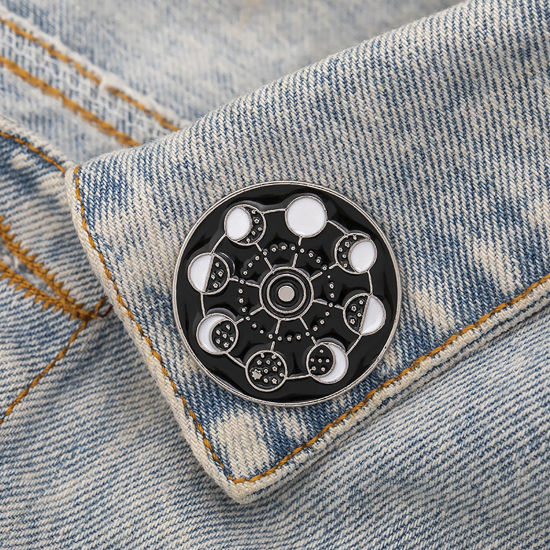 Picture of Galaxy Pin Brooches Moon Phases Black & White Enamel 22mm Dia., 1 Piece