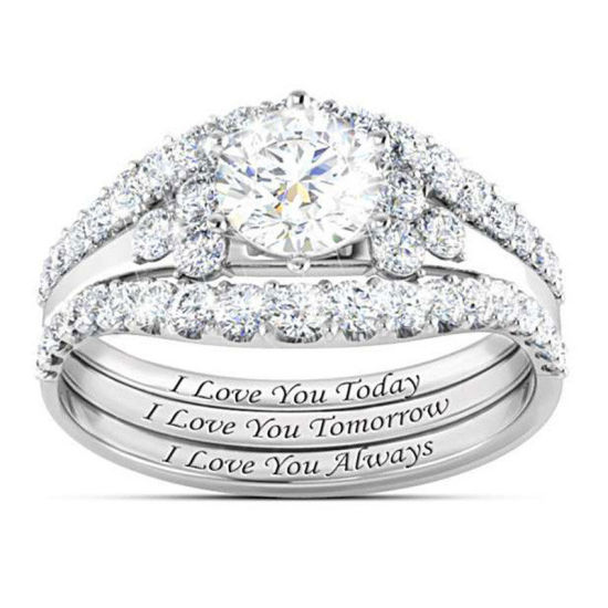 Picture of Unadjustable Rings Silver Tone Crown Message " I Love You Today Tomorrow Always " Clear Rhinestone 17.3mm(US Size 7), 1 Set ( 3 PCs/Set)