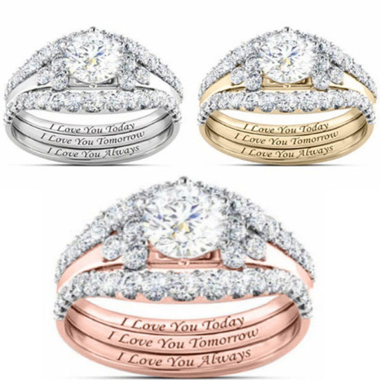 Picture of Unadjustable Rings Rose Gold Crown Message " I Love You Today Tomorrow Always " Clear Rhinestone 15.7mm(US Size 5), 1 Set ( 3 PCs/Set)