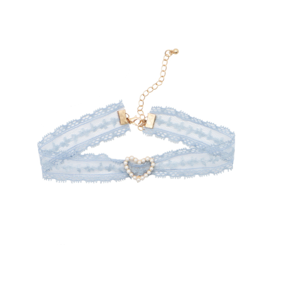 Picture of Lace Choker Necklace Steel Gray Heart Imitation Pearl 30cm(11 6/8") long, 1 Piece