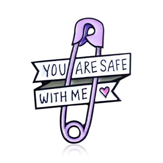 Picture of Pin Brooches Pin Heart Message " YOU ARE SAFE WITH ME " Mauve Enamel 44mm x 38mm, 1 Piece