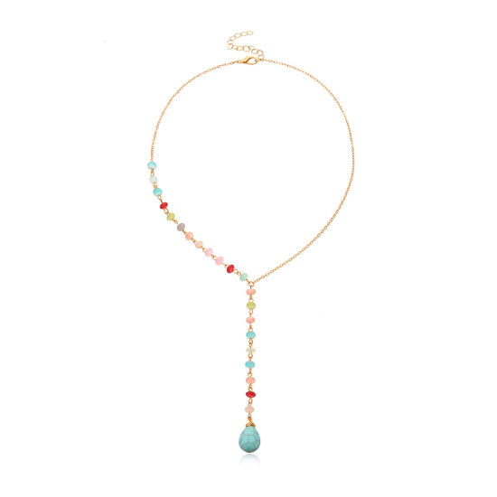 Picture of Glass Boho Chic Bohemia Y Shaped Beaded Lariat Necklace Gold Plated Multicolor Imitation Turquoise 44.5cm(17 4/8") long, 1 Piece