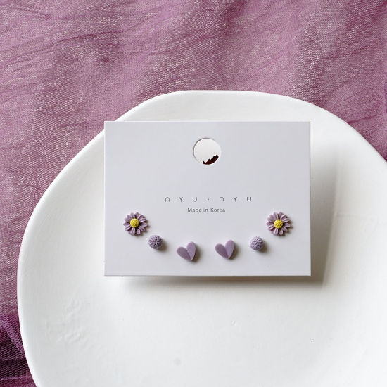 Picture of Stainless Steel & Ceramic Ear Post Stud Earrings Purple Heart Flower 9mm, 1 Set ( 6 PCs/Set)