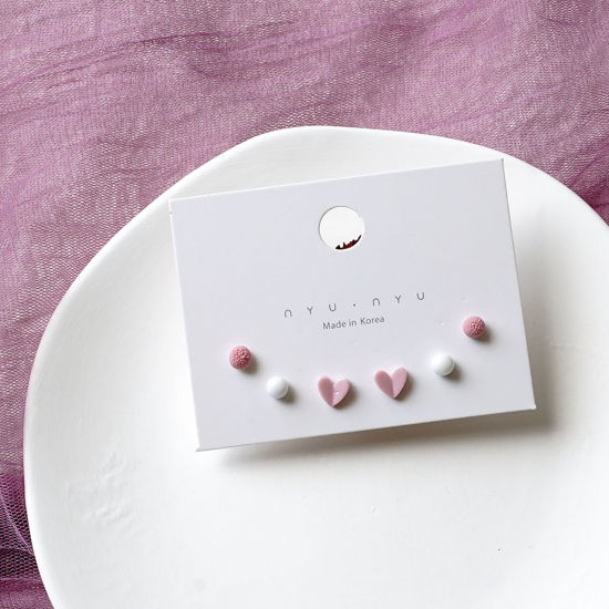 Picture of Stainless Steel & Ceramic Ear Post Stud Earrings White & Pink Round Heart 9mm, 1 Set ( 6 PCs/Set)