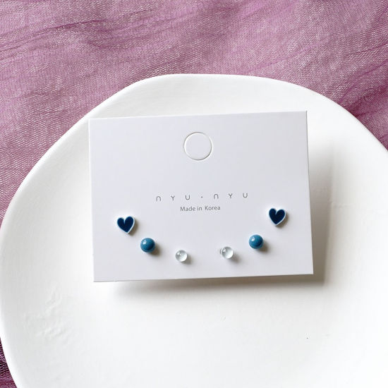 Picture of Stainless Steel & Ceramic Ear Post Stud Earrings White & Blue Round Heart 9mm, 1 Set ( 6 PCs/Set)