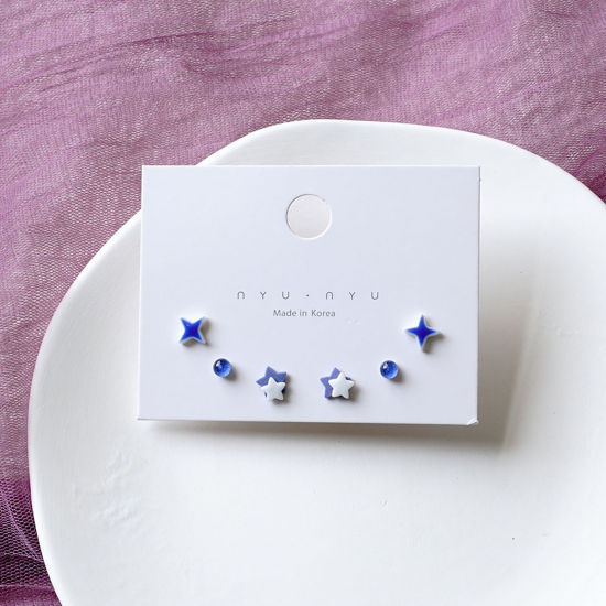 Picture of Stainless Steel & Ceramic Ear Post Stud Earrings Blue Round Star 9mm, 1 Set ( 6 PCs/Set)